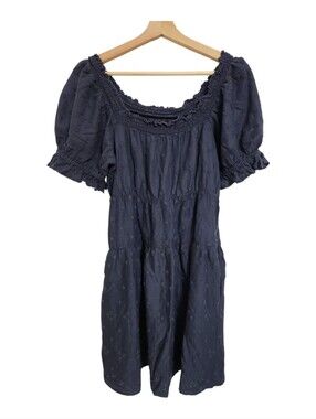 OLD NAVY Women Mini Dress Size XS Eyelet Tiered Puff Sleeve Boho Pockets